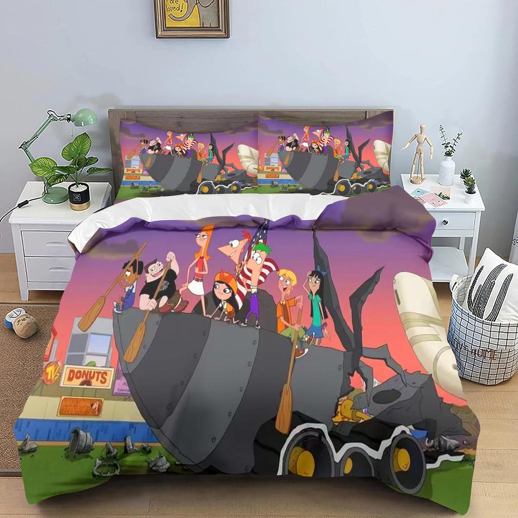 Phineas a Ferb Povlak na přikrývku, Kreslený potisk Polyesterová přikrývka do dětské ložnice, Anime, Útulné ložní prádlo do pokoje, Různé velikosti