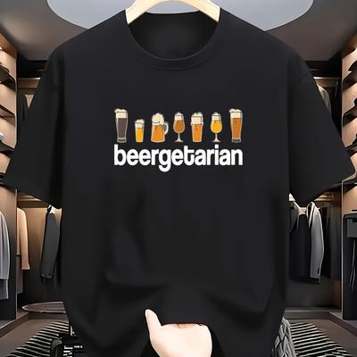 Women Cotton Funny Vegan Beer Lover TShirt BEERGETARIAN Print with Beer Mugs Vegan Symbol Navy Crew Neck Casual Tee