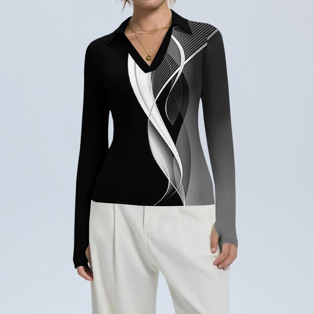 Women's Fashion Casual Print V-Neck Long Sleeve Button-Down Top