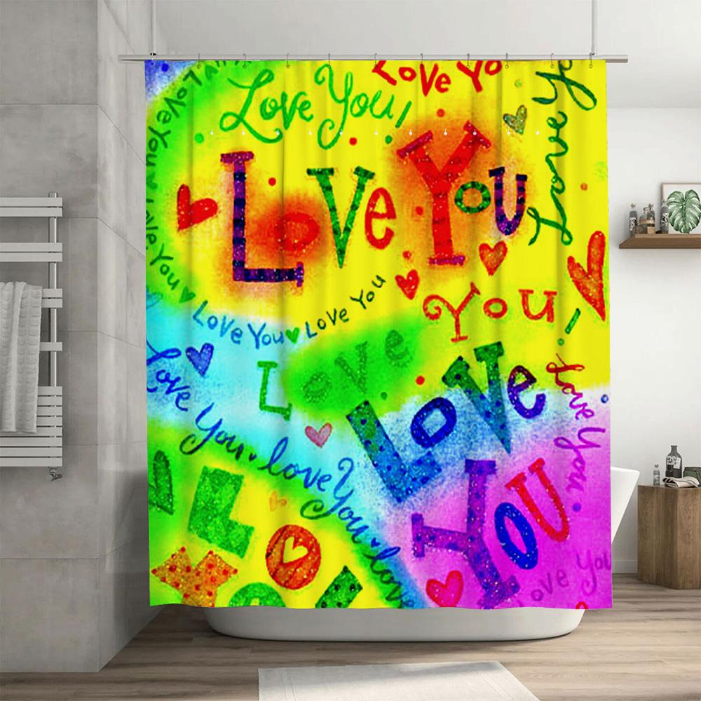 Colorful Love Shower Curtain Waterproof Bathroom Decor with 'Love You' Message for Home Decoration Gift Idea