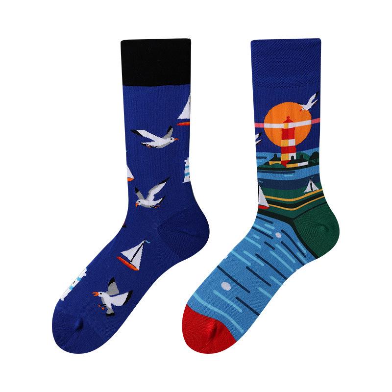 Unisex A/B Style Asymmetrical Cartoon Mid-Calf Cotton Socks