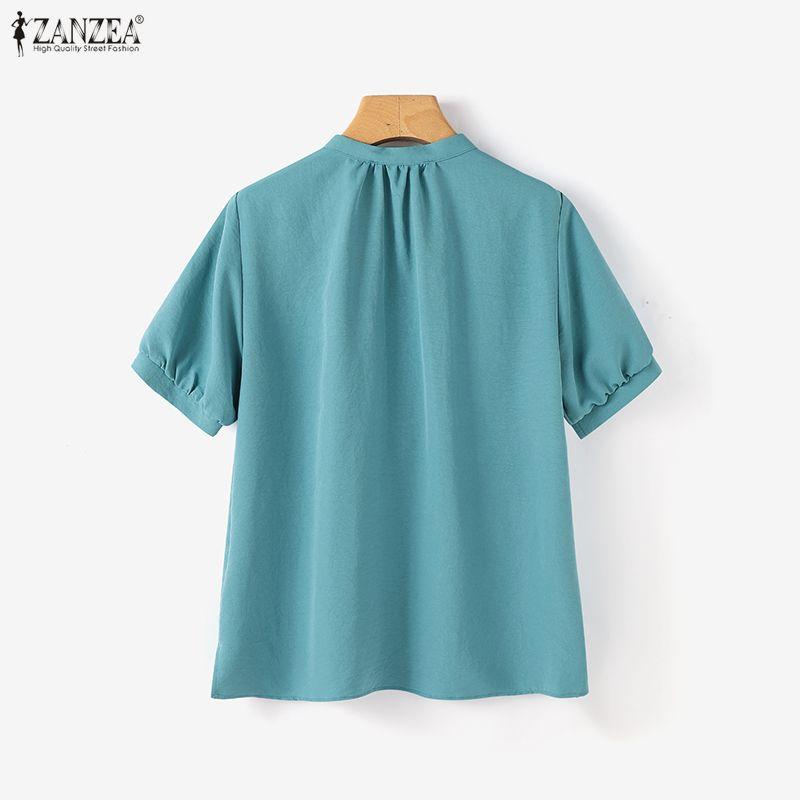 ZANZEA Damen Freizeit Rundhals Einfarbig Kurzarm Bluse