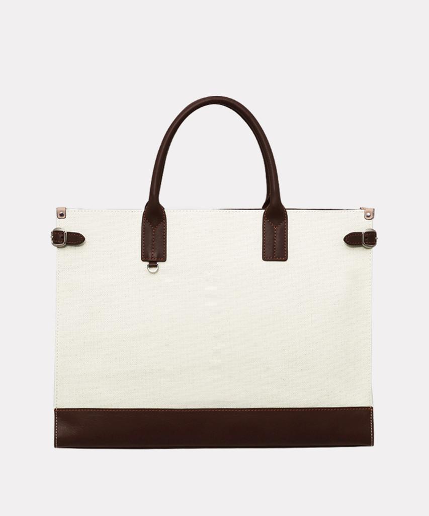 Matt Slim Canvas Leather Square Bag (Ivory + Dark Brown) B42916