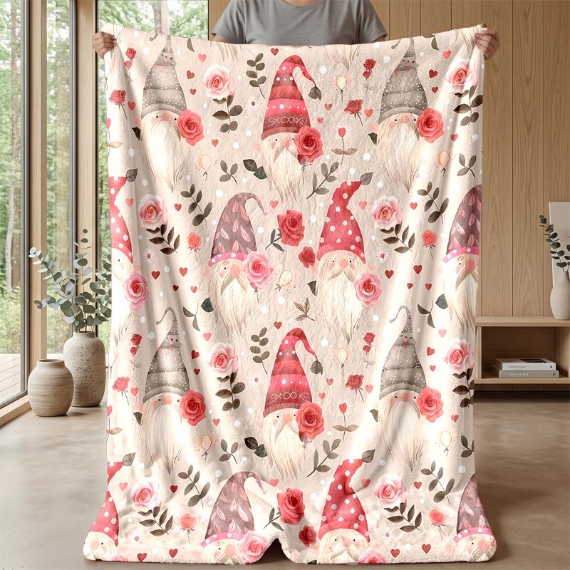 Gnome Rose Pattern Theme Blanket Lightweight Warm Flannel Blanket Decorative Throw Blanket for Home Decoration