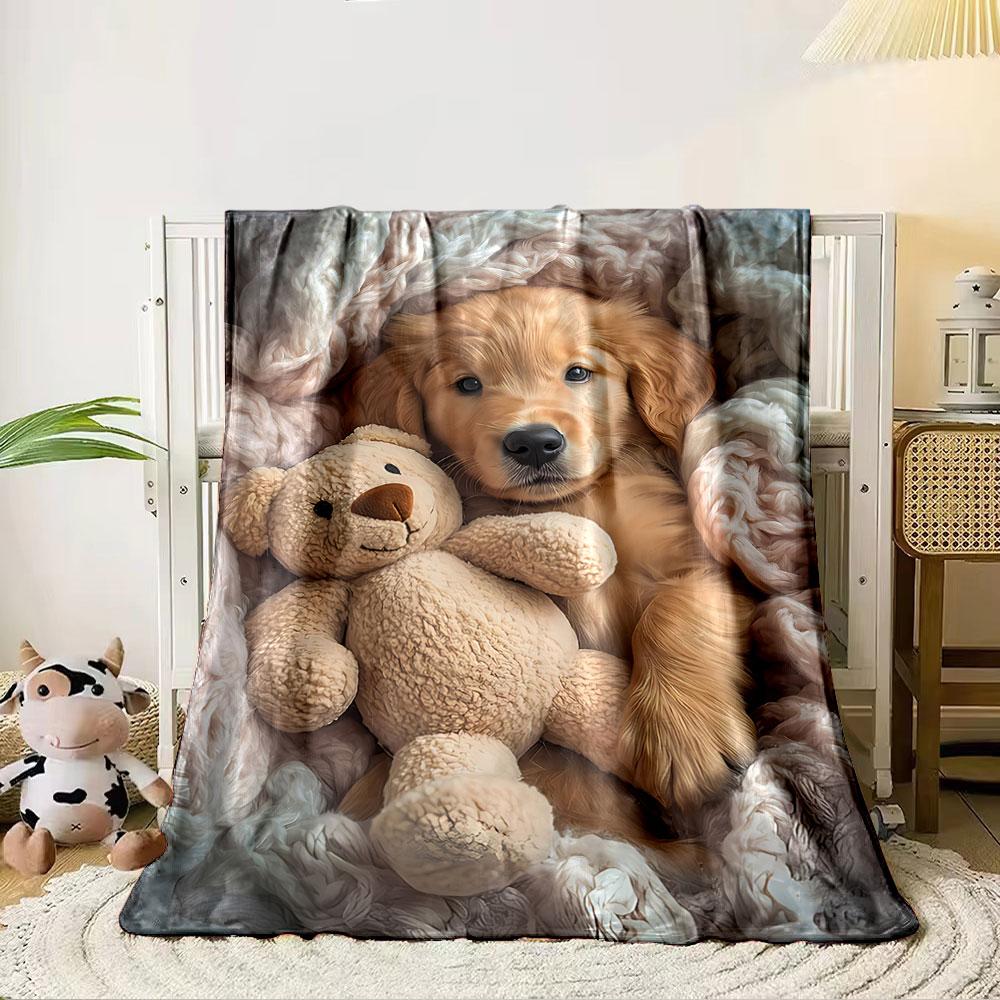 Golden Puppy with Teddy Bear for all seasons blanket lunch break throw gift