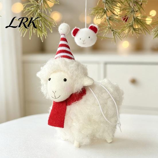 Plüsch Lamm Dekorationen Weißes Schaf Weihnachtsdekoration, Niedliche Strickmütze Tischdekoration, Weiche Flauschige Dekorationsakzente Stoff Hängendes Anhänger