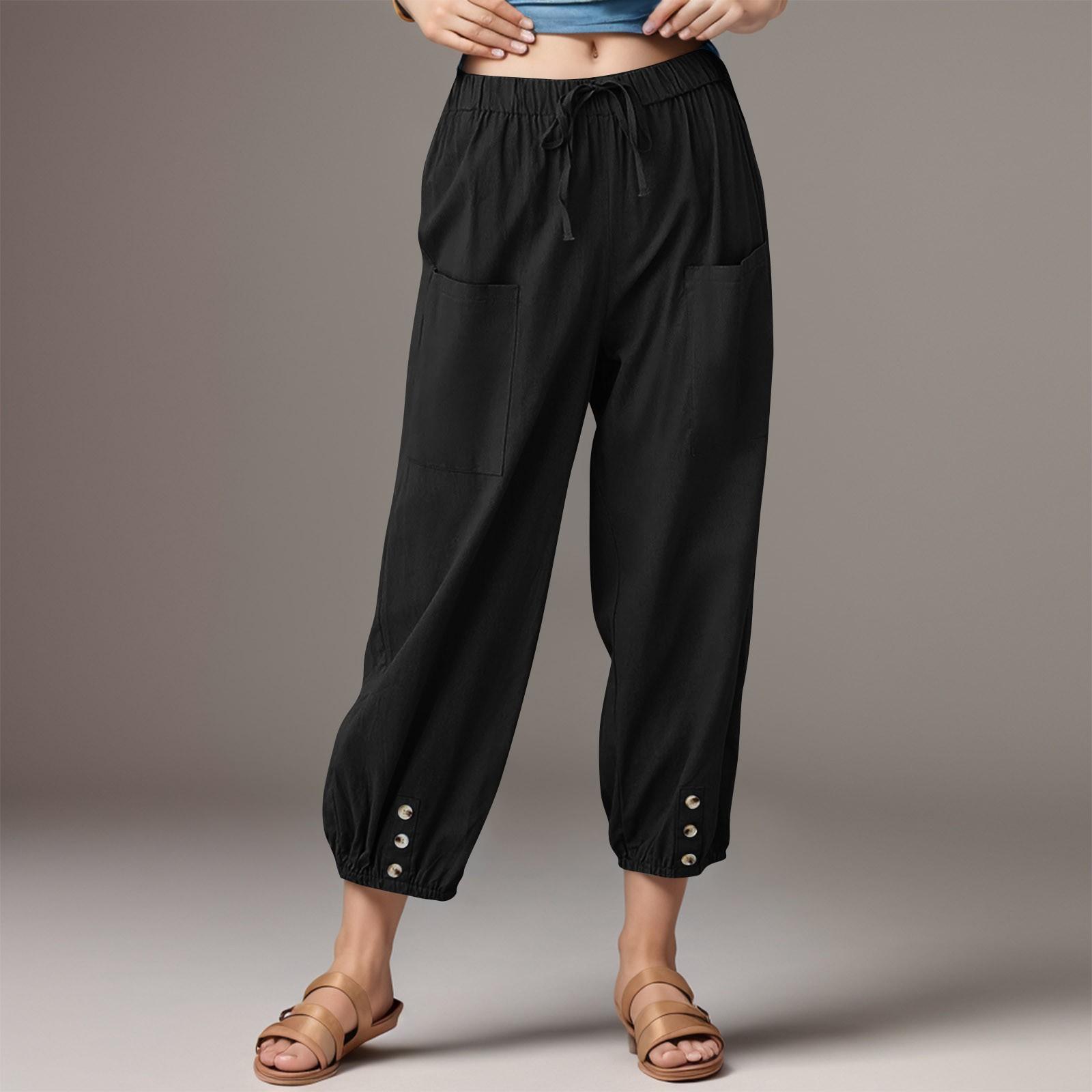 

Женские модные однотонные льняные хлопковые леггинсы с карманами, эластичные повседневные брюки S чёрный