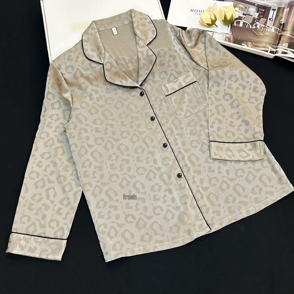 Leopard Print Jacquard Ice Silk Unisex Pajama Set - Long Sleeve Imitation Silk Homewear