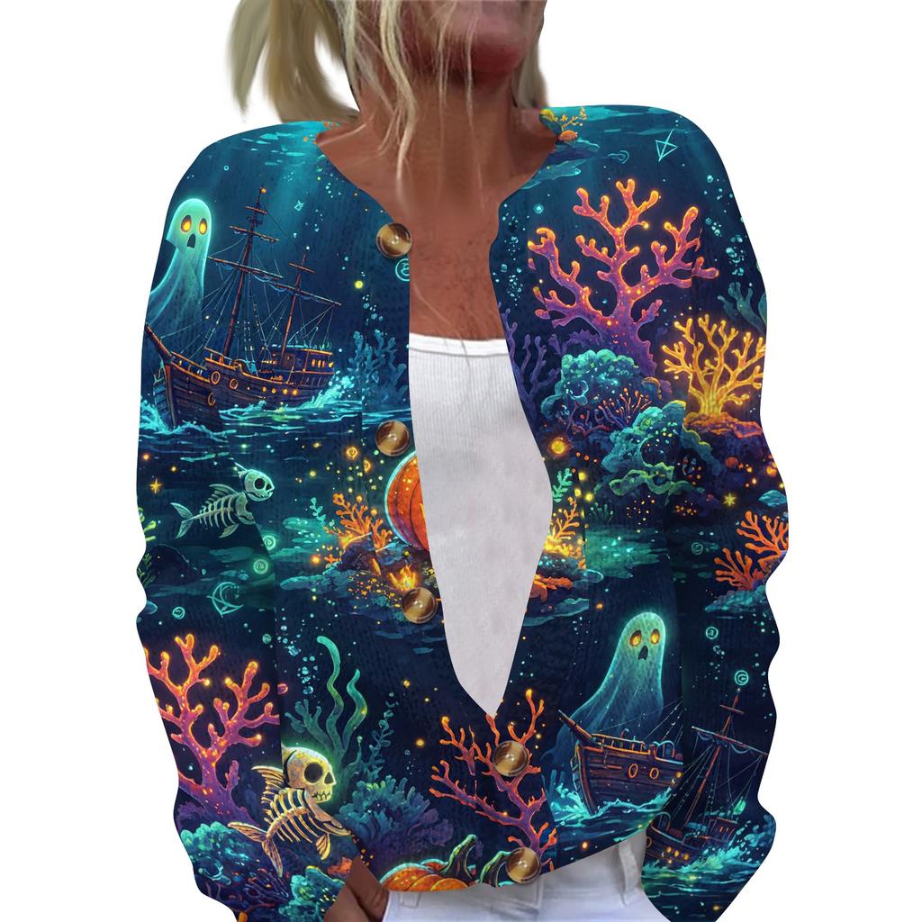 Women's Halloween Print Long Sleeve Knit Cardigan Button Up Sweater Coat Lightweight Comfortable Fit Seasonal Outerwear