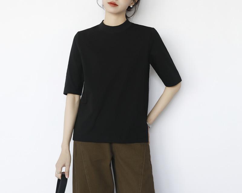 Pre-Sale Women's Cotton T-Shirt: Half-High Collar, Five-Point Sleeves, Stand-Up Collar, Seam Detail, Loose Fit Base Layer for Layering and Commuting