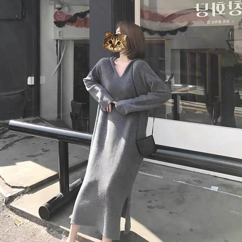 Hooded knitted dress women's autumn and winter inner wear loose lazy style temperament medium and long knee sweater backing skirt
