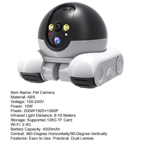 Wireless Pet Camera with Night Vision Intelligent AI Detection 360-Degree Coverage Wi-Fi Dual-Lens Smart Robot Camera with Wheels