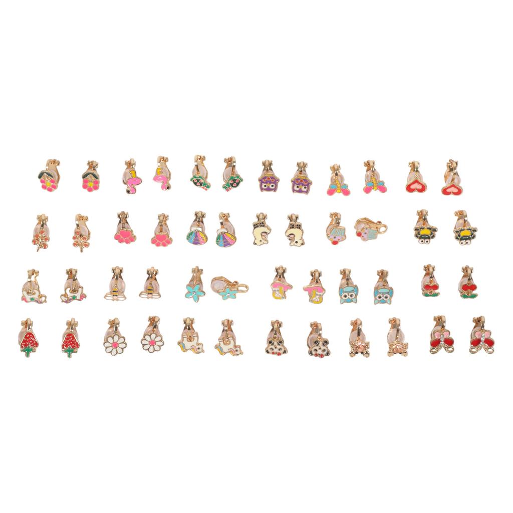 24 Pairs Mixed Color Clip-on Earrings Suitable for Non-perforated Ears Lovely Animals Flowers Heart Fruit Earrings Set
