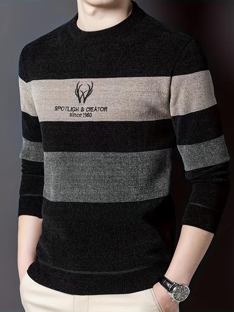 Color Block Knitted Sweater, Men's Casual Warm Mid Stretch Crew Neck Pullover Sweater for Men Fall Winter