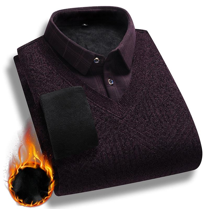 Men Fake Two Piece Sweater Knitting Pullover Winter Warm Thick Polo Neck Retro Fashion Solid Casual Fleece Lined Sweaters