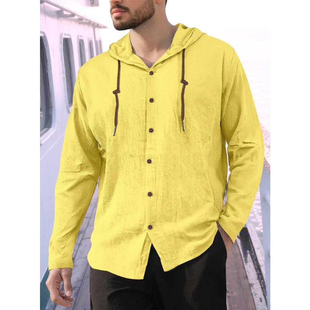 New Spring/Summer Men's Hooded T-Shirt Solid-Colour Cotton-Linen Blend Men's Casual Long-Sleeved Top