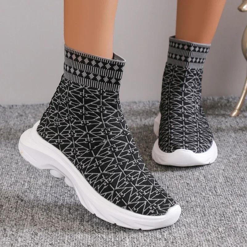 Fashion Fashion Chunky Platform Boots for Women  Autumn Slip-On Elastic Knitted Ankle Boots Woman Mid-calf Boots Sock Shoes 2024