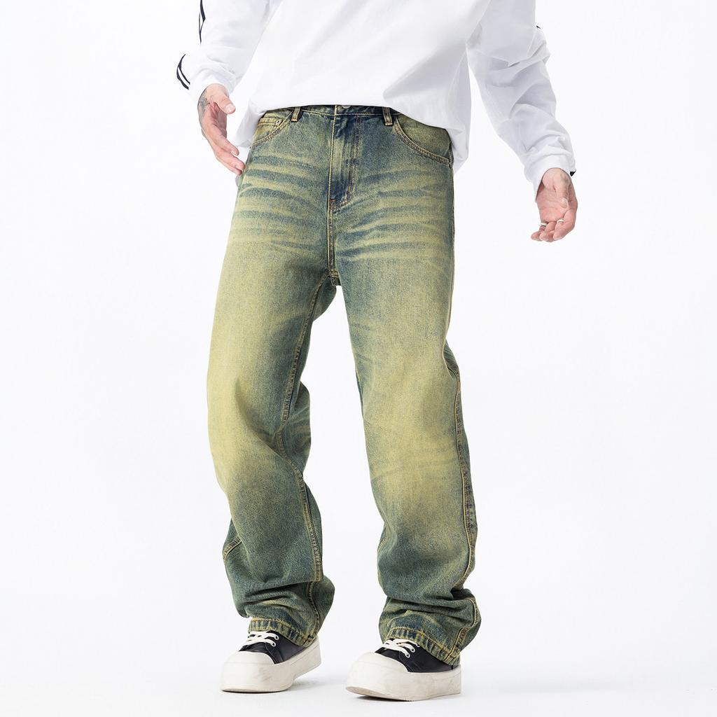 High Street retro washed old jeans men's trendy brand loose big straight denim drape wide leg trousers men