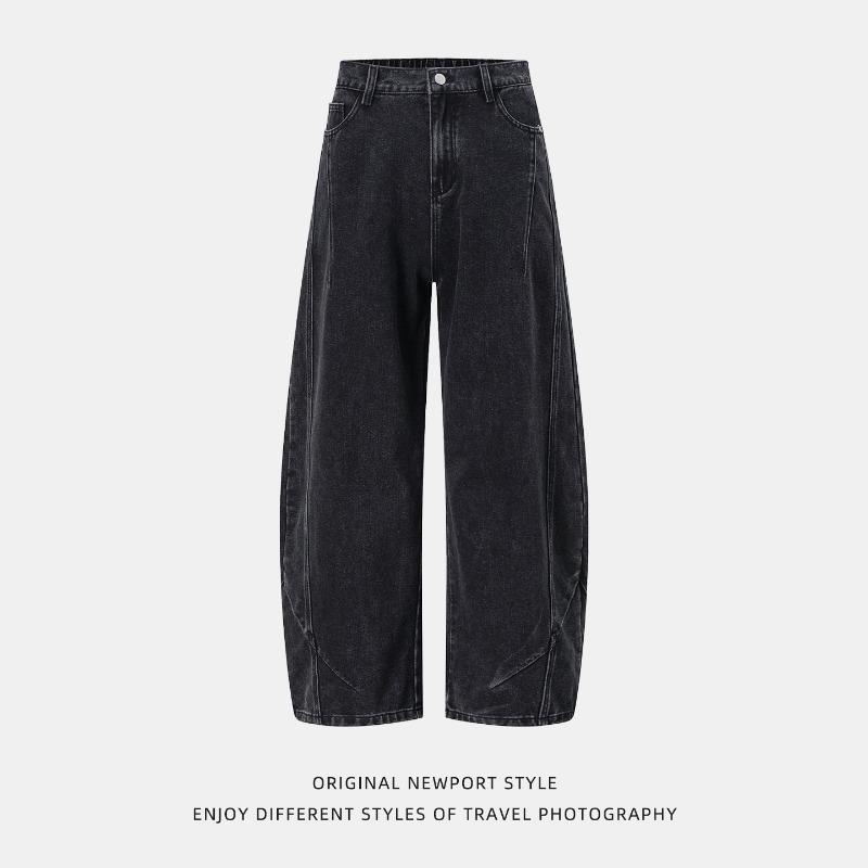 Men Black Structured Split Curved Blade American Retro Loose Straight Long Denim Jeans