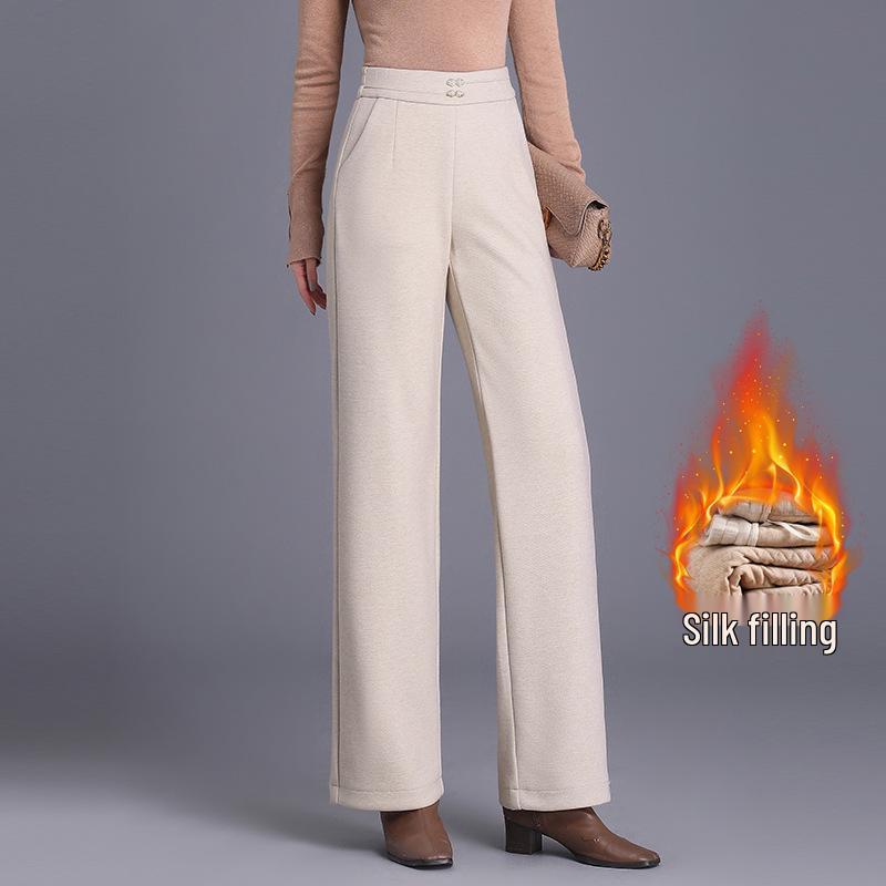 Women's 2025 Winter High-Waisted Woolen Silk Cotton Wide-Leg Pants: Loose, Warm, Drape, Hip-Covering Straight-Leg Design