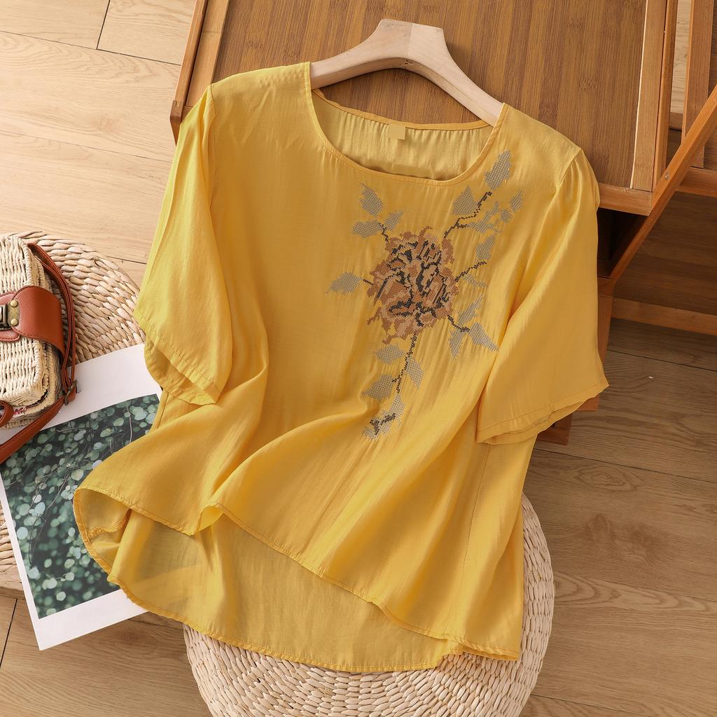DIMANAF 2025 New Summer Plus Size T-Shirt Women O-Neck Short Sleeve Vintage Linen Loose Tops Tees Maxi