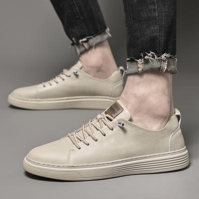 New Men Fashion Casual Shoes Summer Genuine Leather Youth Trending Breathable Beige White Sneakers Male Leisure Skate Shoes Male