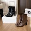 Small Brown High-heeled Short Boots Women's Autumn and Winter Boots 2025 New French Small Ankle Boots Square Head Thick Heel Thin Boots