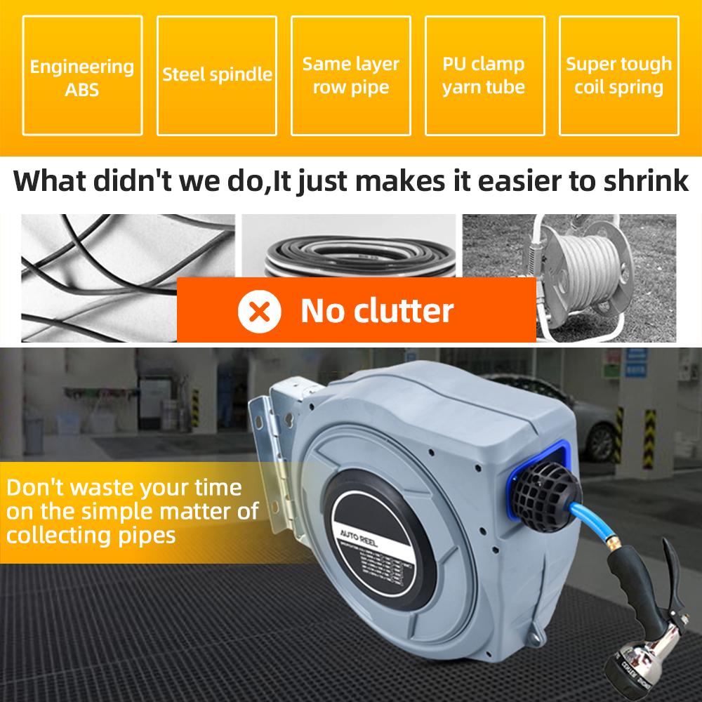 Retractable Garden Hose Reel 33ft Wall Mounted Hose Reel with 6-Function Sprayer Nozzle 180 Degrees   Bracket Automatic Rewind Storage Hose Reel