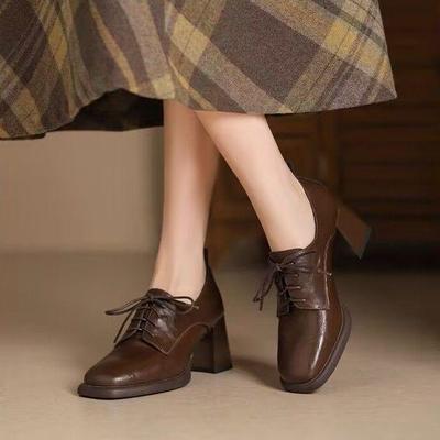 British-Style Women's Lace-Up Chunky Heel Loafers - Spring 2025 Collection: Comfortable Leather Shoes.