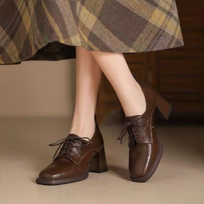 British-Style Women's Lace-Up Chunky Heel Loafers - Spring 2025 Collection: Comfortable Leather Shoes.