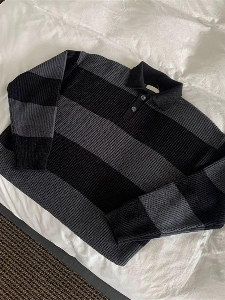 

Sweater men s trendy brand loose and lazy retro Hong Kong style pullover striped knitted sweater trendy casual versatile jacket XXL чорний