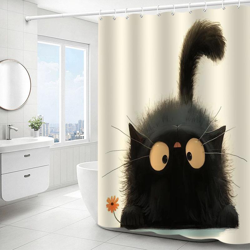 1 Elegant Black Cat Shower Curtain - Polyester Bathroom Decor With Artistic Fluffy Cat Pattern, Hook Included, Polyester Fabric