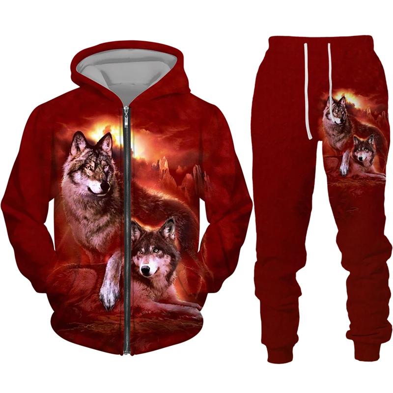 Men's Zipper Hoodie Set 3D Printed Animal Wolf Sportswear/Pants Casual Street Long Sleeve Loose Spring Autumn 2 Piece Set