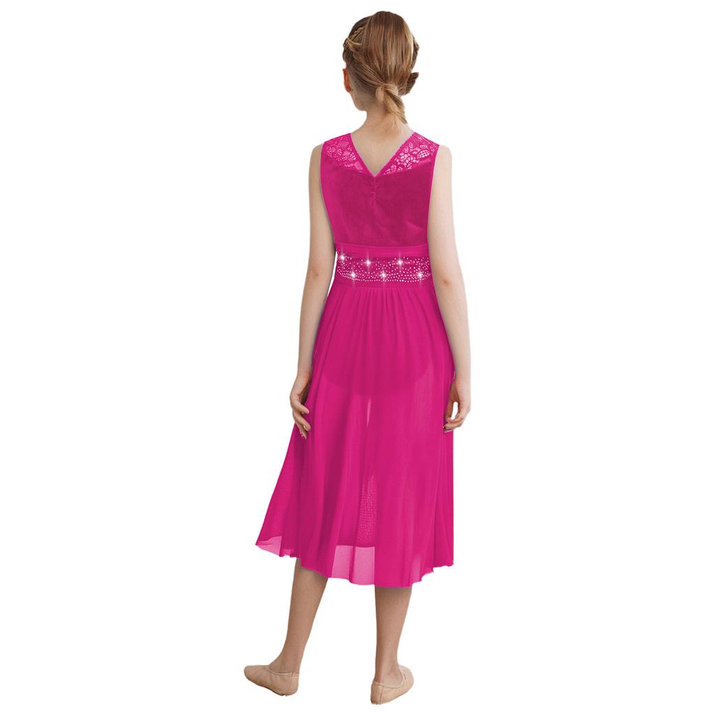 Lyrisches Tanzkleid für Mädchen: Funkelnde Strasssteine auf Spitzen-Patchwork & Raffinierte Netz-Überlagerung mit elegantem asymmetrischem Saum