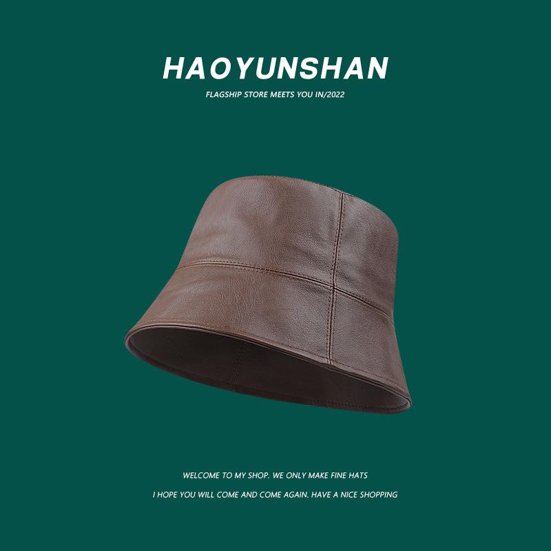 

Japanese-style niche makeup for concealing the face pu Leather bucket hat for men and women, casual and versatile, makes the face look smaller, M（56-58cm） коричневий