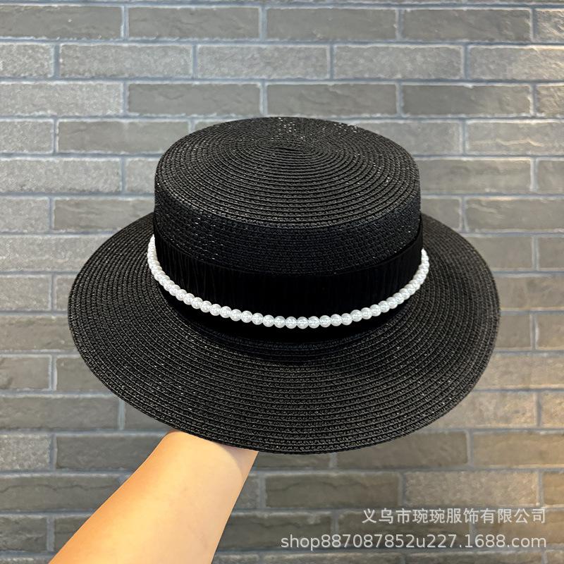 French Pearl Chain Flat Top Straw Hat Women's Sunshade Summer Straw Weaving Flat Edge Travel Vacation Seaside Beach Sun Protection Hat