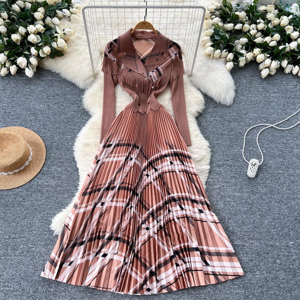 Frühling Herbst Damen Elegant Blazerkragen Zweireihig Druck Büro Party Lang Maxi Plissee Kleider