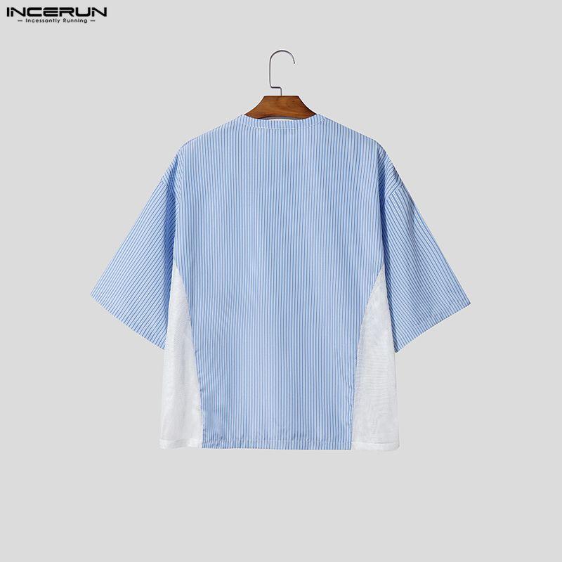 INCERUN Two Pieces Summer Men O Neck Striped Hollow Patchwork Short Sleeve Tops and Shorts Sets