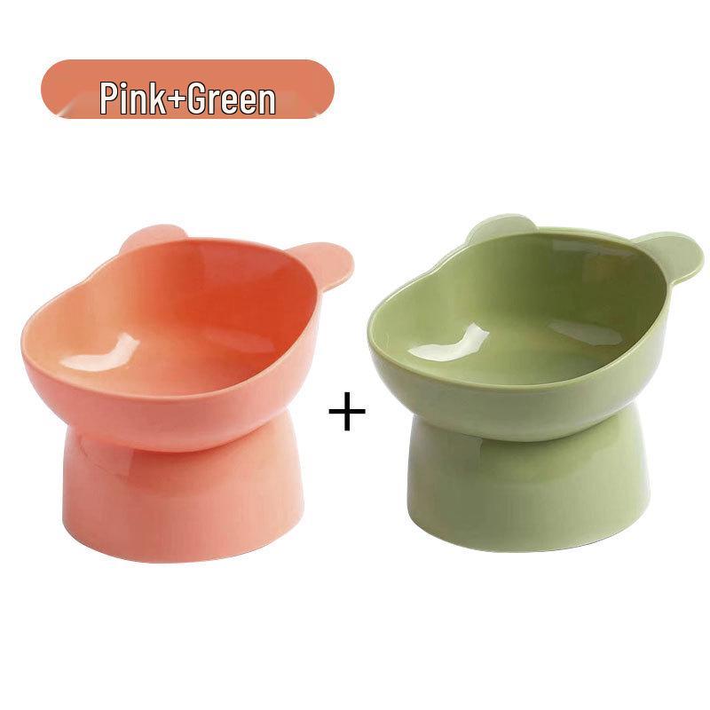 Pet Cat Bowl with Slanted Mouth and Anti-Overturn Design, High Foot, Elephant Leg Neck Protection, Cute Plastic, Four Colors.