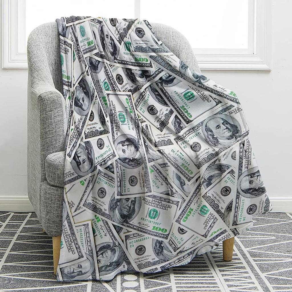 100 Dollarseddel Penger Ultramykt Kasteteppe for Barn Voksne Fleecepledd for Seng og Sofa Varmt Loddent Kasteteppe Koselig
