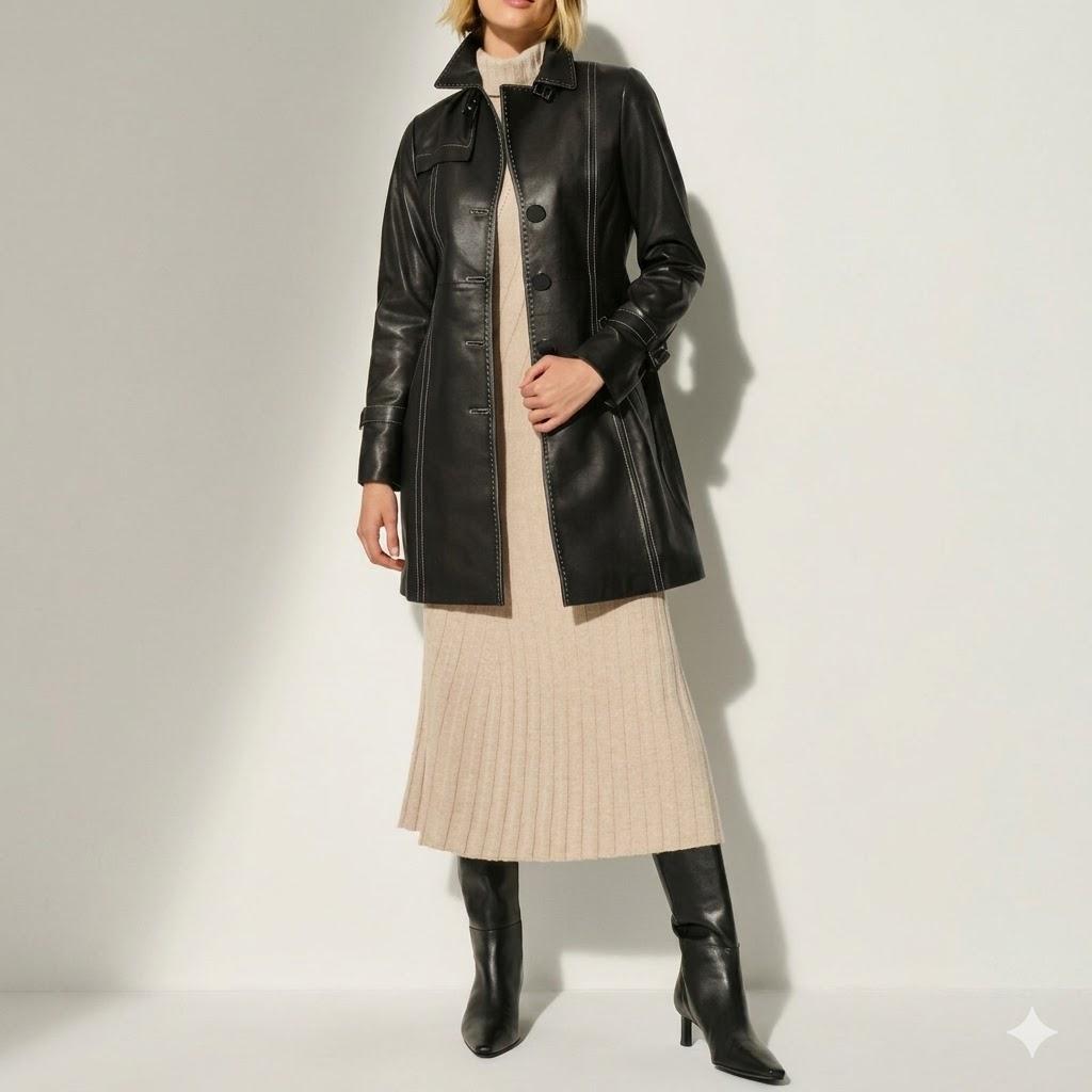 Damen Stylischer Lammleder Echter Handgemachter Schwarzer Trenchcoat Lässige Passform