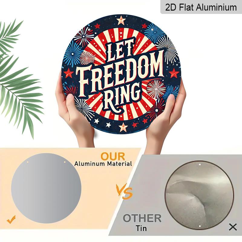2D Flat, 1pc Round Aluminum Hanging Sign - "Let Freedom Ring" Patriotic Firework Metal Wall Art, Retro Red White Blue Starburst Design, Perfect for