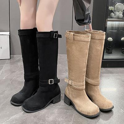 Frühling Herbst Mode Luxus Design DAMEN Plateau Khaki Wildleder Kniehohe Stiefel Klobiger Blockabsatz Lässige MÄDCHEN Schuhe