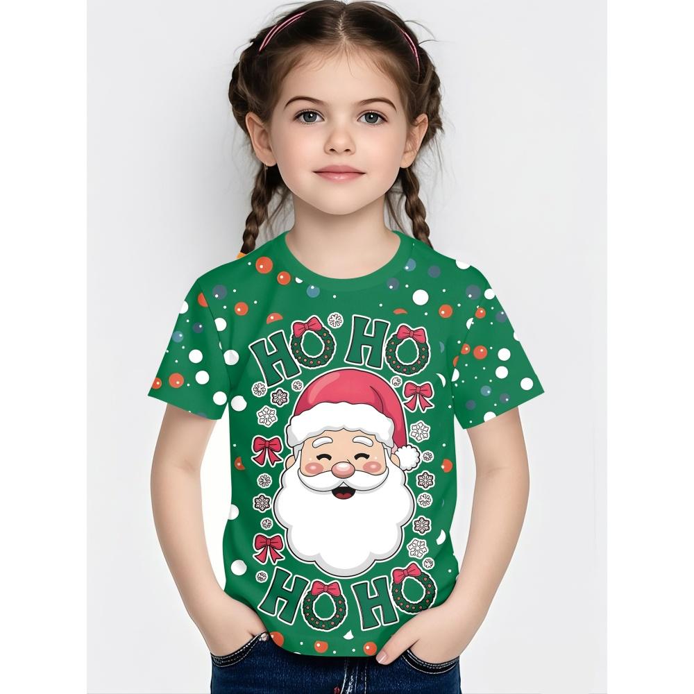 3D printed Christmas T-shirt for girls, Santa Claus short sleeved round neck casual Christmas girl top