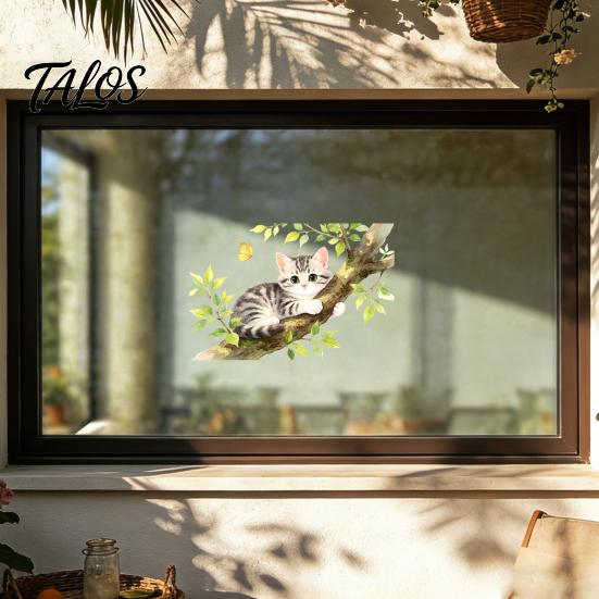 Electrostatic Window Decal Cartoon Cat on The Tree Branch Cling, Cute Watercolor Clear Hair Texture Sticker Butterflies Plants for Kids Room Bathroom