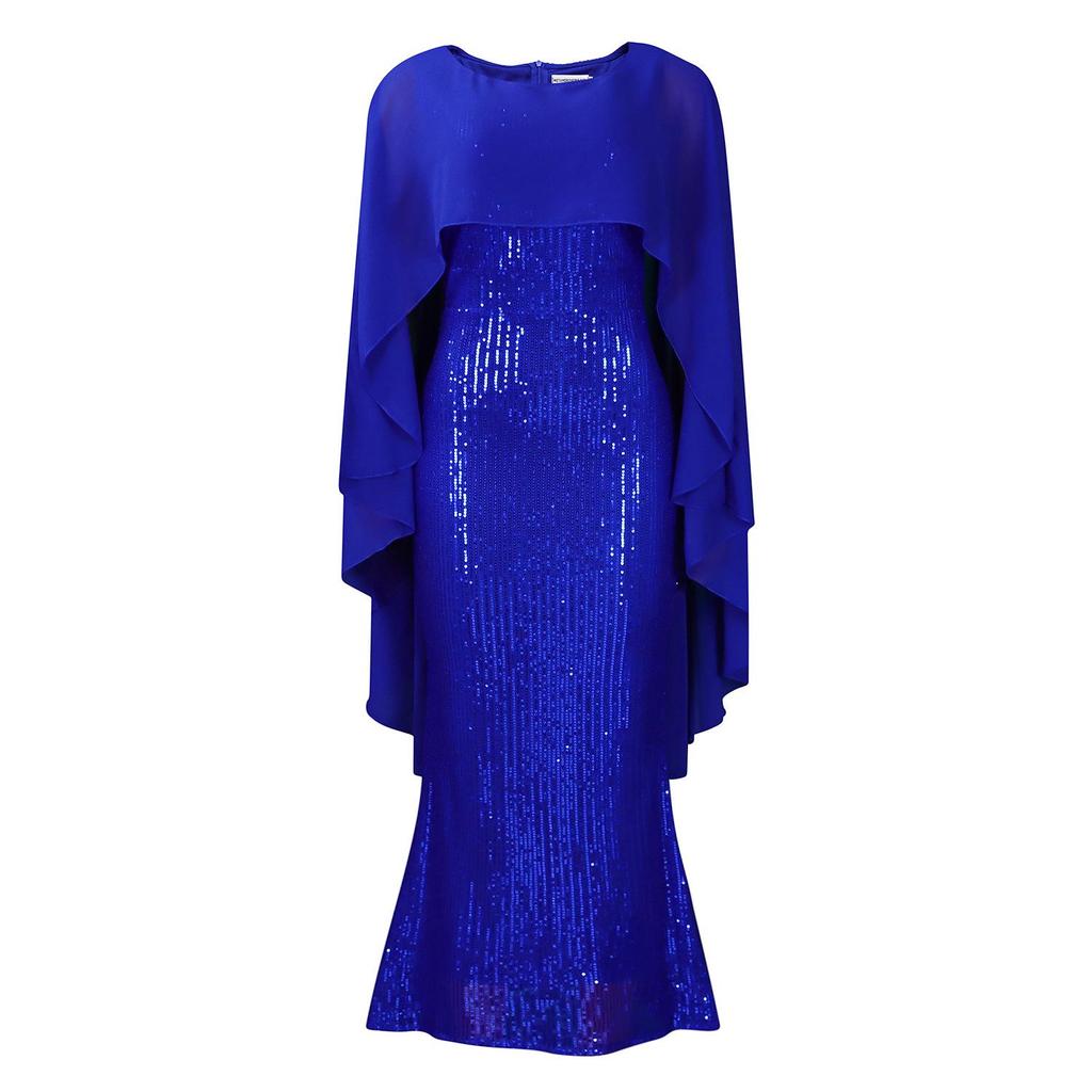 European & American Women's Spring Chiffon Cape Sequin Long Skirt Party Dress