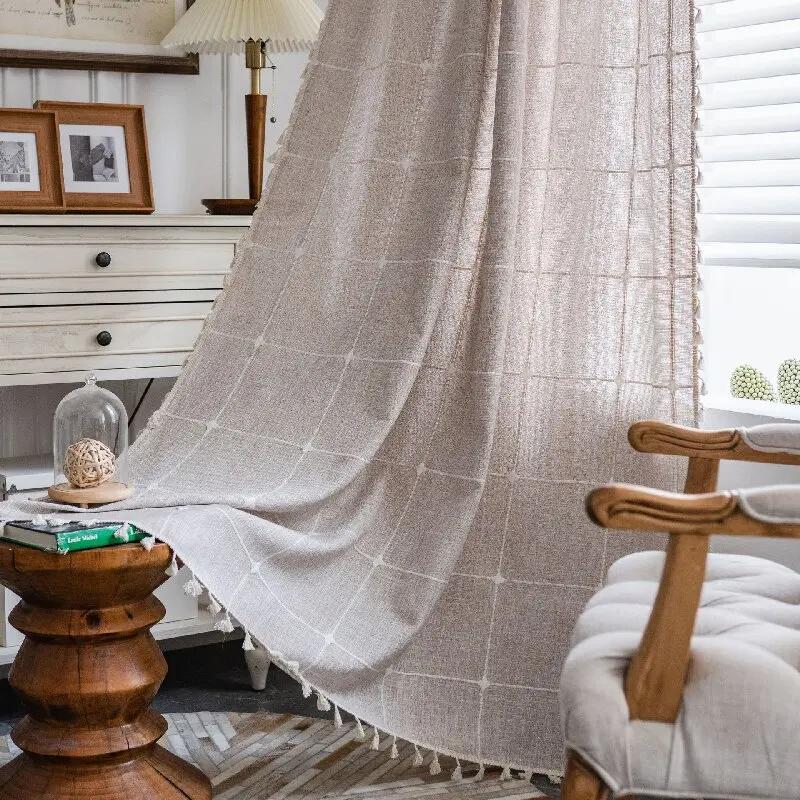 Bohemian Style Khaki Geometric Tassel Curtains Semi Blackout Curtains for Living Room Bedroom Kitchen Home Decoration Curtains