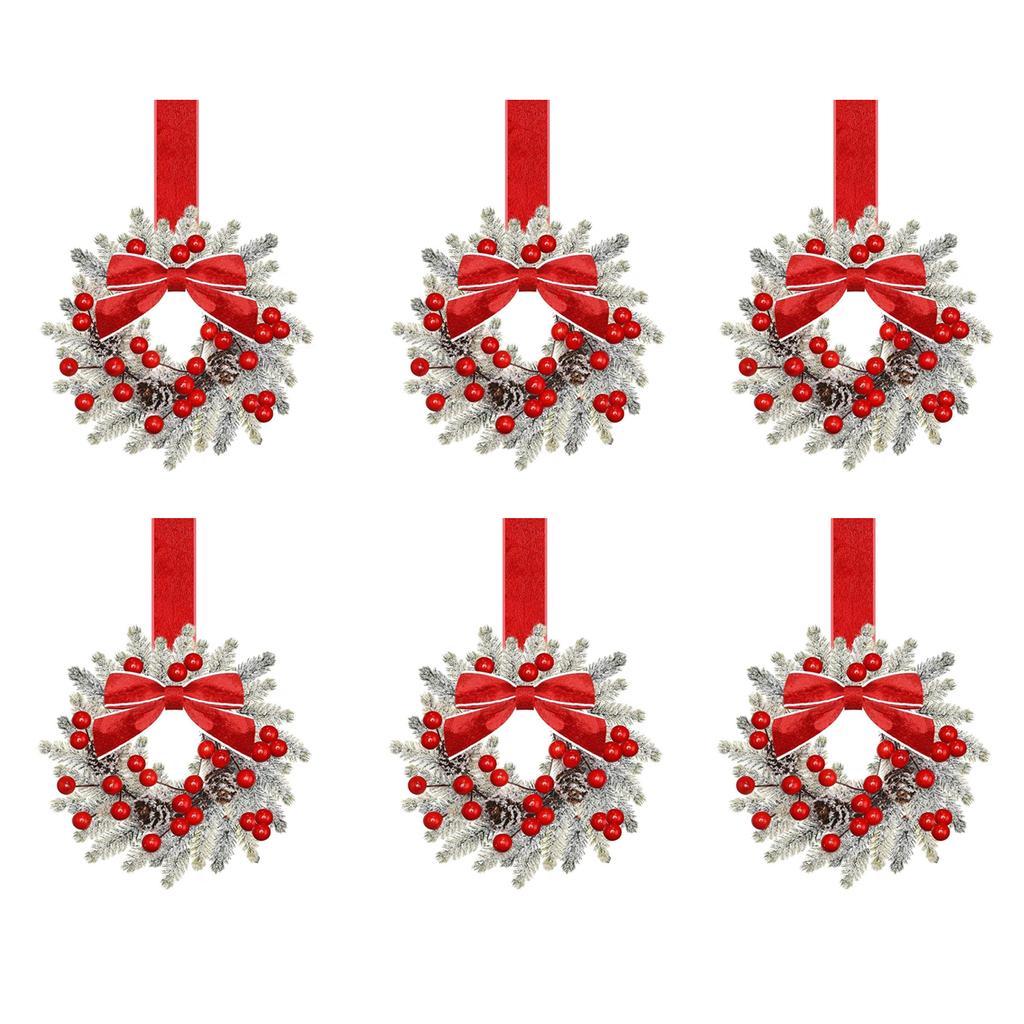 6PCS/SET Christmas Kitchen Cabinet Wreaths with Ribbon Mini Christmas Wreath Small Kitchen Xmas Decor for Window Door