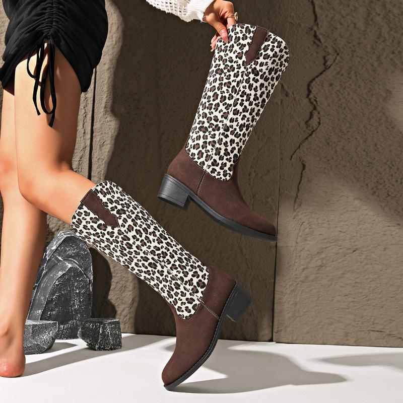Fashion Plus Size Western Cowboy Boots Women's Retro Fall New Pointed Toe Mid-Tube Leopard Print Paneled Knight Boots
