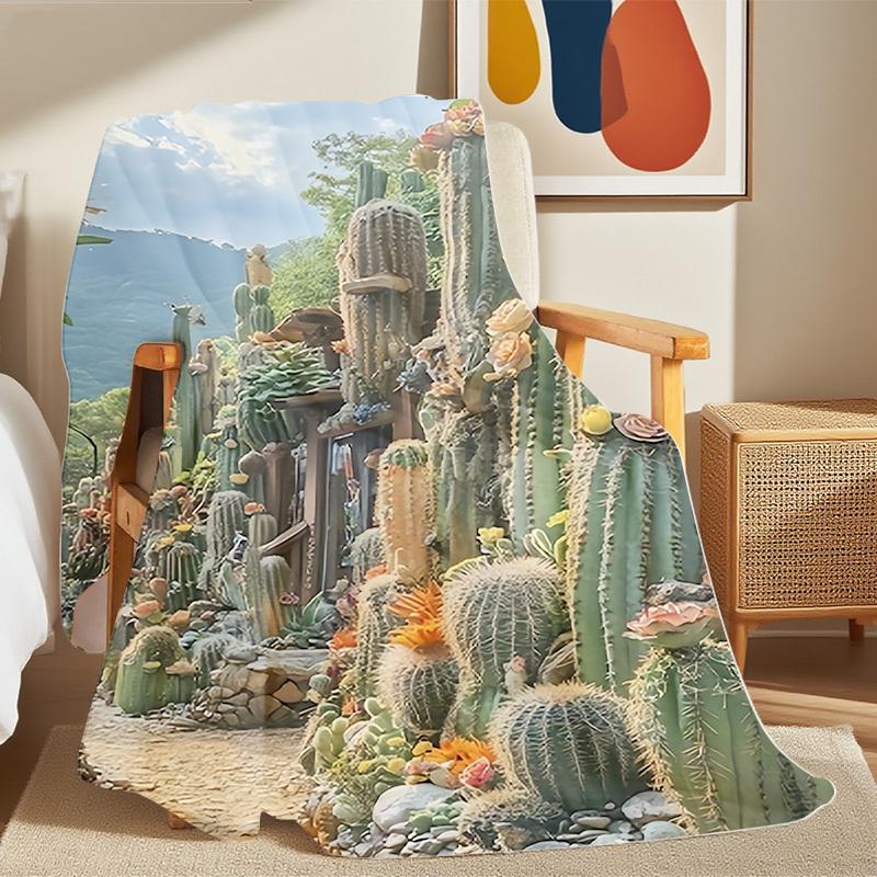 1Pc Cactus Desert Landscape Print Blanket - All-Season Lightweight Indoor/Outdoor Bedspread With Cacti & Succulents Design, Gree